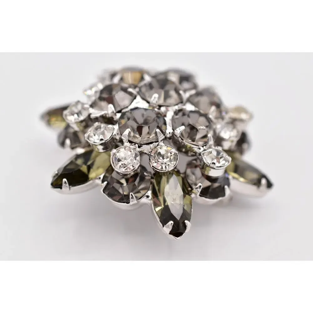 Vintage Smoky Gray Rhinestone Brooch Silver Crystal Cluster Flower Pin 60s BinBI
